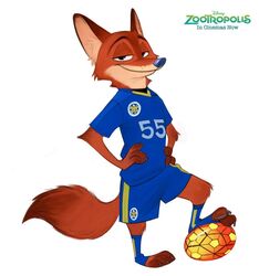  2016 anthro ball canid canine clothing digital_media_(artwork) disney disney_uk fox fur leicester_city_fc looking_at_viewer male mammal nick_wilde orange_body orange_fur red_fox shaded simple_background smile soccer soccer_ball solo sport text true_fox unknown_artist zootopia 