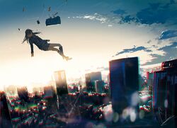  artist_name bag black_hair black_socks building city cityscape cloud commentary_request female flying kneehighs long_hair long_sleeves loundraw outdoors scenery school_bag sekai_ga_kioku_de_afureru_mae_ni shorts signature skirt sky skyscraper socks solo sunlight sunset 