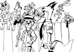  2016 anthro benny_the_ball brain_(top_cat) cane canid canine choo-choo_(top_cat) clothed clothing crossover disney domestic_cat eyewear fancy-fancy_(top_cat) felid feline felis fox fully_clothed gang group hanna-barbera hat headgear headwear holding_object jinksa judy_hopps lagomorph leporid male mammal nick_wilde police police_uniform rabbit red_fox size_difference smile spook_(top_cat) sunglasses top_cat top_cat_(series) true_fox uniform zootopia 