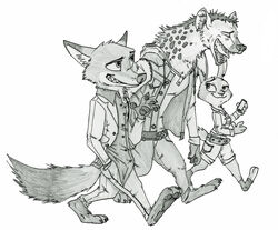  2016 anthro canid canine disney fox fur group hyena judy_hopps lagomorph leporid male mammal nick_wilde rabbit shadow-gate text ziegelzeig zootopia 