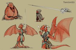  bag claws clothing digitigrade fangs female horn kobold melee_weapon red_body red_scales scales scalie simple_background solo sword tamlin123 teeth weapon wings 