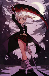  blonde_hair boots commentary_request corn_potako female full_body gloves graphite_(medium) green_eyes long_hair maka_albarn moon necktie plaid plaid_skirt scythe short_twintails skirt solo soul_eater traditional_media twintails weapon 