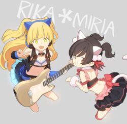  2girls :d akagi_miria animal_ears asterisk_(idolmaster) bent_over black_hair blonde_hair blush brown_eyes cat_ears cat_tail character_name collar commentary_request cosplay cropped_legs doremi_(doremi4704) electric_guitar fender_stratocaster green_eyes grey_background guitar headphones idolmaster idolmaster_cinderella_girls instrument jougasaki_rika long_hair looking_at_viewer maekawa_miku maekawa_miku_(cosplay) multiple_girls navel oerba_yun_fang open_mouth paw_pose short_hair simple_background skirt smile tada_riina tada_riina_(cosplay) tail two_side_up v w 