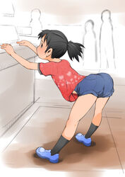  ass bent_over black_eyes black_hair black_legwear denim denim_shorts female full_body heart heart_print j7w lolicon original ponytail print_shirt profile shirt shoes short_sleeves shorts socks solo_focus standing tied_hair 