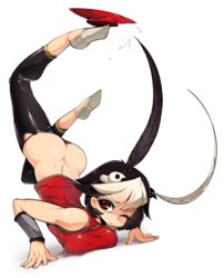  ass bad_id bad_tumblr_id balancing black_hair breast_press breasts butt_crack cup feather_hair_ornament feathers female feng_(skullgirls) hair_ornament handstand highres large_breasts looking_at_viewer multicolored_hair sakazuki skullgirls slugbox solo two-tone_hair upside-down white_hair 