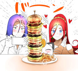  +_+ 1boy :3 ahoge alternate_hairstyle bad_id bad_pixiv_id bare_shoulders blue_eyes blush burger casual cellphone commentary_request double-decker_hamburger_bun female food food_focus green_eyes hair_between_eyes hair_ornament hair_scrunchie heart highres james_(pokemon) jessie_(pokemon) kuuneru_(ojigi) lens_flare looking_at_object meowth off-shoulder_sweater off_shoulder onion_rings own_hands_together phone pokemon pokemon_(anime) pokemon_(creature) ponytail potato_wedges purple_hair red_hair scrunchie smartphone sweater taking_picture team_rocket too_much_burger 