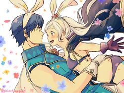  1boy animal_ears bikini blue_eyes blue_hair blush cape chrom_(fire_emblem) chrom_(spring)_(fire_emblem) commentary_request female fire_emblem fire_emblem_awakening fire_emblem_heroes gloves highres hug long_hair nishimura_(shinchinagachi) official_alternate_costume open_mouth protected_link rabbit_ears robe robin_(female)_(fire_emblem) robin_(female)_(summer)_(fire_emblem) robin_(fire_emblem) short_hair smile swimsuit tiara twintails very_long_hair weapon white_hair yellow_eyes 