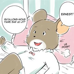  1:1 anthro bed biped black_eyes black_nose bow_(feature) bow_tie brown_body brown_fur buckteeth celestine_(ernest_and_celestine) clothed clothing dialogue digital_media_(artwork) ernest_and_celestine exclamation_point eyebrows female french_text fur furniture lonbluewolf lying mammal meme mouse murid murine on_back open_mouth parody pillow pomf pomf_(meme) question_mark rodent shirt simple_background smile solo speech_bubble teeth text tongue topwear translated young young_anthro 