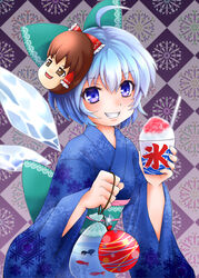  ahoge alternate_costume bag bagged_fish blue_eyes blue_hair blue_kimono bow character_mask checkered_background cirno commentary_request female fish food goldfish grin hairbow hakurei_reimu ice japanese_clothes kimono mask mitsucho obi photoshop_(medium) sash shaved_ice short_hair smile solo touhou water_yoyo wings yukata yukkuri_shiteitte_ne 