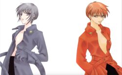  2boys belt fruits_basket gloves grey_hair hands_in_pockets jacket male_focus multiple_boys open_clothes orange_eyes orange_hair purple_eyes souma_kyou souma_yuki takaya_natsuki 