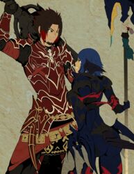  1boy armor au_ra blue_eyes blue_hair brown_hair dante_redstone female final_fantasy_xiv green_eyes horns scales tail 