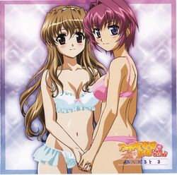  2girls amamiya_shiina bra brown_eyes brown_hair lingerie long_hair multiple_girls nogizaka_haruka nogizaka_haruka_no_himitsu purple_eyes purple_hair short_hair smile underwear 