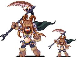  baphomet baphomet_(mamono_girl_lover) brown_hair demon demon_girl exet horns kenkou_cross kenkou_kurosu mamono_girl_lover monster_girl monster_girl_encyclopedia pixel_art scythe sprite twintails 