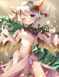  ;p absurdres bare_shoulders blonde_hair blue_eyes blush clock clock_hands commentary_request cowboy_shot dragon_girl dragon_horns dragon_wings dress female gears hair_ribbon heart highres horns myr_(p&amp;d) one_eye_closed puzzle_&amp;_dragons ribbon rushin scales short_hair signature solo tongue tongue_out white_dress wings 