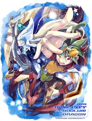  2boys bad_id bad_pixiv_id card commentary_request duel_disk duel_monster dyed_bangs eirakko highres multiple_boys odd-eyes_pendulum_dragon rune-eyes_pendulum_dragon sakaki_yuya stargazer_magician yu-gi-oh! yu-gi-oh!_arc-v 