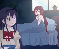  2girls :o akemi_homura bad_id bad_pixiv_id bandages bandaid black_hair blush bow embarrassed hairband hand_on_own_chest holding long_hair looking_at_another looking_back mahou_shoujo_madoka_magica mahou_shoujo_madoka_magica_(anime) mitakihara_school_uniform multiple_girls plant potted_plant purple_eyes red_eyes red_hair sakura_kyoko school_uniform towel under_covers water window wosusi 