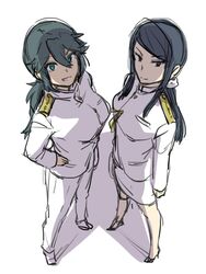  2girls bad_id bad_twitter_id black_hair breasts brown_eyes commentary_request epaulettes female_admiral_(kancolle) green_eyes hand_on_own_hip high_heels ikeshita_moyuko kantai_collection large_breasts long_hair looking_at_viewer looking_up miniskirt multiple_girls pants ponytail shiomi_kaoru sidelocks skirt uniform 