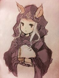  animal_ears bad_id bad_twitter_id brown_eyes cat_ears cloak crossed_arms ears_through_headwear female granblue_fantasy hood hooded_cloak long_hair mikan_(mikabe) scathacha_(granblue_fantasy) solo upper_body white_hair 