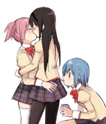  3girls akemi_homura bad_link black_hair black_legwear blue_eyes blue_hair closed_eyes cup dddoochi1 drinking drinking_straw hair_ornament hairband hairclip kaname_madoka kissing long_hair mahou_shoujo_madoka_magica mahou_shoujo_madoka_magica_(anime) meme miki_sayaka mitakihara_school_uniform multiple_girls otp_and_the_third_wheel_best_friend_(meme) pantyhose pink_hair school_uniform short_hair short_twintails thighhighs twintails white_thighhighs yuri zettai_ryouiki 