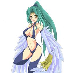  bare_shoulders blush breasts claws cleavage duel_monster elbow_gloves female gloves green_hair harpie_queen harpy korican long_hair monster_(yugioh) monster_girl navel open_mouth ponytail sideboob solo wings yellow_eyes yu-gi-oh! 