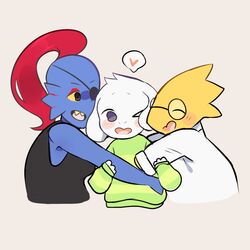  1:1 alphys anthro asriel_dreemurr blush boss_monster_(undertale) bovid caprine conditional_dnp crybleat eye_patch eyewear fish glasses grey_background group heart_symbol hug humanoid lizard mammal marine reptile scalie simple_background stripes undertale undertale_(series) undyne 