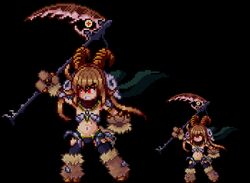  angry baphomet baphomet_(mamono_girl_lover) brown_hair cape demon demon_girl exet hooves horns kenkou_cross kenkou_kurosu lolicon mamono_girl_lover midriff monster_girl monster_girl_encyclopedia navel paws pixel_art red_eyes scythe 