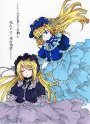  2girls bad_id bad_pixiv_id blonde_hair blue_eyes closed_eyes gothic_lolita hortense_(sound_horizon) kurei_(alicesiro) lolita_fashion long_hair multiple_girls roman_(sound_horizon) smile sound_horizon translated violette_(sound_horizon) 