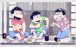  ! 3boys bad_id bad_pixiv_id barefoot beer_can black_hair brothers can clenched_teeth closed_eyes drink_can flying_sweatdrops hand_fan heart heart_in_mouth laughing lizard male_focus matahei matsuno_choromatsu matsuno_osomatsu matsuno_todomatsu mosquito_coil multiple_boys osomatsu-kun osomatsu-san osomatsu_(series) paper_fan porch shirt siblings sitting t-shirt teeth triangle_mouth 