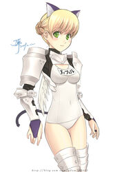  animal_ears armor blonde_hair breasts bridal_gauntlets cat_ears commentary_request covered_navel dan_(kumadan) fantasy_earth fantasy_earth_zero female green_eyes hair_bun name_tag navel one-piece_swimsuit school_swimsuit single_hair_bun solo swimsuit thighhighs warrior_(fantasy_earth) warrior_(vesta_armor)_(fantasy_earth_zero) white_one-piece_swimsuit 