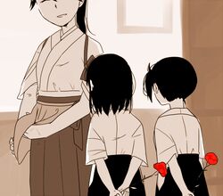  3girls aged_down akagi_(kancolle) arms_behind_back bad_id bad_twitter_id black_hair blush brown_hair carnation drying drying_body flower hair_ribbon houshou_(kancolle) japanese_clothes kaga_(kancolle) kantai_collection long_hair monochrome mother&#039;s_day motherly multiple_girls ponytail red_carnation red_flower ribbon sepia short_hair side_ponytail skirt smile spot_color wet yuzuki_(rinka01) 