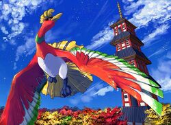  animal_focus autumn bell_tower_(pokemon) bird blue_sky cloud commentary_request day ecruteak_city flying forest ho-oh looking_away nature no_humans outdoors pippi_(pixiv_1922055) pokemon pokemon_(creature) sky solo tower wind 