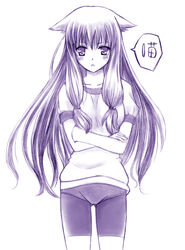  bike_shorts buruma commentary_request crossed_arms female gym_uniform kiriya_nozomi long_hair mayoi_neko_overrun! miru_(millefeuille) monochrome photoshop_(medium) purple_theme simple_background solo 