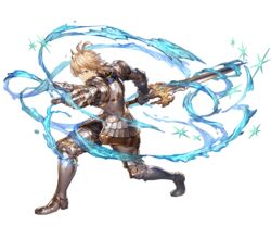  1boy armor blonde_hair blue_eyes full_body granblue_fantasy holding holding_sword holding_weapon male_focus minaba_hideo official_art pointing pointing_at_viewer romeo_(granblue_fantasy) short_hair solo sword transparent_background water weapon 