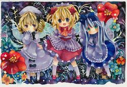  3girls apron ascot blonde_hair blue_dress blue_eyes blue_hair bow commentary_request dress flower frilled_apron frills green_eyes hairbow hat long_hair luna_child multiple_girls niko_(2ars) purple_eyes red_dress short_hair star_sapphire sunny_milk touhou white_dress 