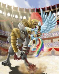  2015 4:5 absurd_res armor blue_body blue_feathers blue_fur bodily_fluids canid claws clenched_teeth colosseum crowd diamond_dog_(mlp) duo_focus english_text equid equine evil-dec0y fangs feathered_wings feathers female fight flying friendship_is_magic fur galea gladiator group hair hasbro headgear helmet hi_res laminar_armor mace male mammal melee_weapon multicolored_hair my_little_pony mythological_creature mythological_equine mythology pegasus punch rainbow_dash_(mlp) rainbow_hair roman roman_empire saliva sharp_teeth stadium teeth text toe_claws warrior weapon wings 