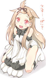  :3 absurdres animal_hands artist_name bare_shoulders blonde_hair blush claws commentary_request cosplay detached_sleeves dress female gloves hair_flaps hair_ornament hairclip highres kantai_collection kneeling long_hair looking_at_viewer oerba_yun_fang open_mouth paw_gloves paw_shoes red_eyes ribbed_dress ribbed_sweater ryuki_(ryukisukune) seaport_princess seaport_princess_(cosplay) shadow shoes short_dress signature smile solo sweater sweater_dress thighs translated yuudachi_(kancolle) yuudachi_kai_ni_(kancolle) 