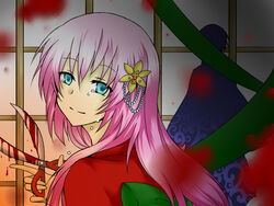  1boy aqua_eyes bad_id bad_pixiv_id blood blood_on_weapon blood_stain crying crying_with_eyes_open empty_eyes enbizaka_no_shitateya_(vocaloid) evillious_nendaiki false_smile female flower hair_ornament japanese_clothes kaito_(vocaloid) kimono kurei_(alicesiro) long_hair megurine_luka miroku_kai pink_hair scissors silhouette smile sudou_kayo tears vocaloid weapon 