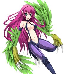  breasts cleavage duel_monster female green_eyes green_wings harpie_lady harpy korican monster_(yugioh) monster_girl purple_hair smile solo wings yu-gi-oh! 