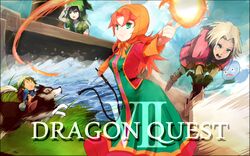  blue_eyes commentary_request curly_hair dragon_quest dragon_quest_vii dress female gabo hat hero_(dq7) hood kiefer long_hair maribel_(dq7) mineta_naoki multiple_boys red_hair slime_(dragon_quest) 