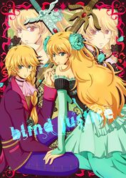  1boy aqua_eyes bare_shoulders blind_justice blonde_hair braid brother_and_sister commentary_request english_text female flower hand_on_thigh hayasaka_riku highres holding_hands interlocked_fingers kneeling long_hair matin_catorce medieval necktie nox_catorce petals red_eyes siblings sitting sword twins weapon zektbach zoom_layer 