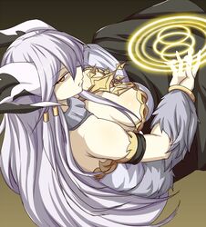  armband bare_shoulders bracelet breasts check_commentary cleavage commentary commentary_request demon_girl demon_horns downblouse dress female fingernails fur_trim garukichi highres horns ilm_(p&amp;d) jewelry long_hair looking_at_viewer looking_up magic_circle medium_breasts necklace orange_eyes puzzle_&amp;_dragons shaded_face silver_hair simple_background sitting slit_pupils solo 