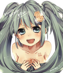  aqua_eyes aqua_hair blush commentary_request female flower hair_flower hair_ornament hatsune_miku long_hair mata nude smile solo twintails very_long_hair vocaloid 