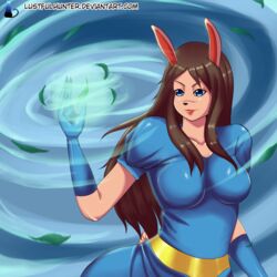  1:1 anthro belt big_breasts blue_eyes breasts brown_hair clothed clothing digital_media_(artwork) dress falling_leaves female fully_clothed hair half-length_portrait konami lagomorph leporid lustfulhunter magic magic_user mammal portrait princess_flora rabbit rocket_knight_adventures solo text wind 