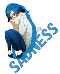  bad_id bad_pixiv_id blue_eyes blue_hair character_name commentary_request female glasses inside_out mum_(pixiv1182764) personification sadness_(inside_out) short_hair solo sweater 