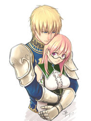  1boy armor blonde_hair blue_eyes commentary_request dan_(kumadan) fantasy_earth fantasy_earth_zero female glasses hug pink_hair purple_eyes warrior_(azalea_armor)_(fantasy_earth_zero) warrior_(fantasy_earth) 