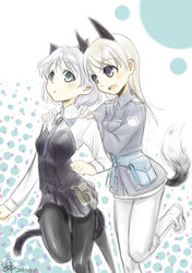  2girls animal_ears black_pantyhose blonde_hair blue_eyes blush cat_ears cat_girl cat_tail commentary_request eila_ilmatar_juutilainen fox_ears fox_girl fox_tail green_eyes grey_hair hanzi highres long_hair military military_uniform multiple_girls pantyhose sanya_v._litvyak short_hair strike_witches tail uniform white_legwear world_witches_series 