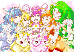  5girls absurdres ahoge antenna_hair aoki_reika blonde_hair blue_hair bow candy_(smile_precure!) choker closed_eyes commentary_request crying cure_beauty cure_happy cure_march cure_peace cure_sunny green_hair green_shorts green_skirt grin hair_flaps highres hino_akane_(smile_precure!) hoshizora_miyuki long_hair magical_girl midorikawa_nao multiple_girls open_mouth orange_choker orange_hair pink_bow pink_hair pink_skirt ponytail precure satou_ramune short_hair shorts shorts_under_skirt skirt smile smile_precure tears tiara translated twintails yayoi_kise yellow_bow yellow_skirt 