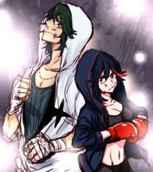  1boy bandaid bandaid_on_face bandaid_on_nose black_hair blood blue_eyes boxing_gloves breasts bruise cleavage commentary_request female fighting_stance green_hair height_difference hood hoodie injury kill_la_kill matoi_ryuuko medium_breasts midriff multicolored_hair navel nosebleed open_clothes open_hoodie sanageyama_uzu short_hair sports_bra streaked_hair wrist_wrap yunkru 