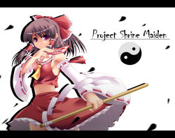  bow brown_hair colorized commentary_request copyright_name detached_sleeves female gohei goma_azarasi hairbow hakurei_reimu letterboxed looking_at_viewer md5_mismatch midriff navel no_bra ofuda red_bow red_skirt short_hair simple_background skirt solo touhou towamin white_background yin_yang 