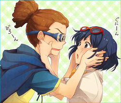  1boy bad_id bad_pixiv_id blue_hair brother_and_sister dreadlocks female glasses goggles goggles_on_head inazuma_eleven inazuma_eleven_(series) kidou_yuuto otonashi_haruna pinching short_hair siblings wakaya_hana 